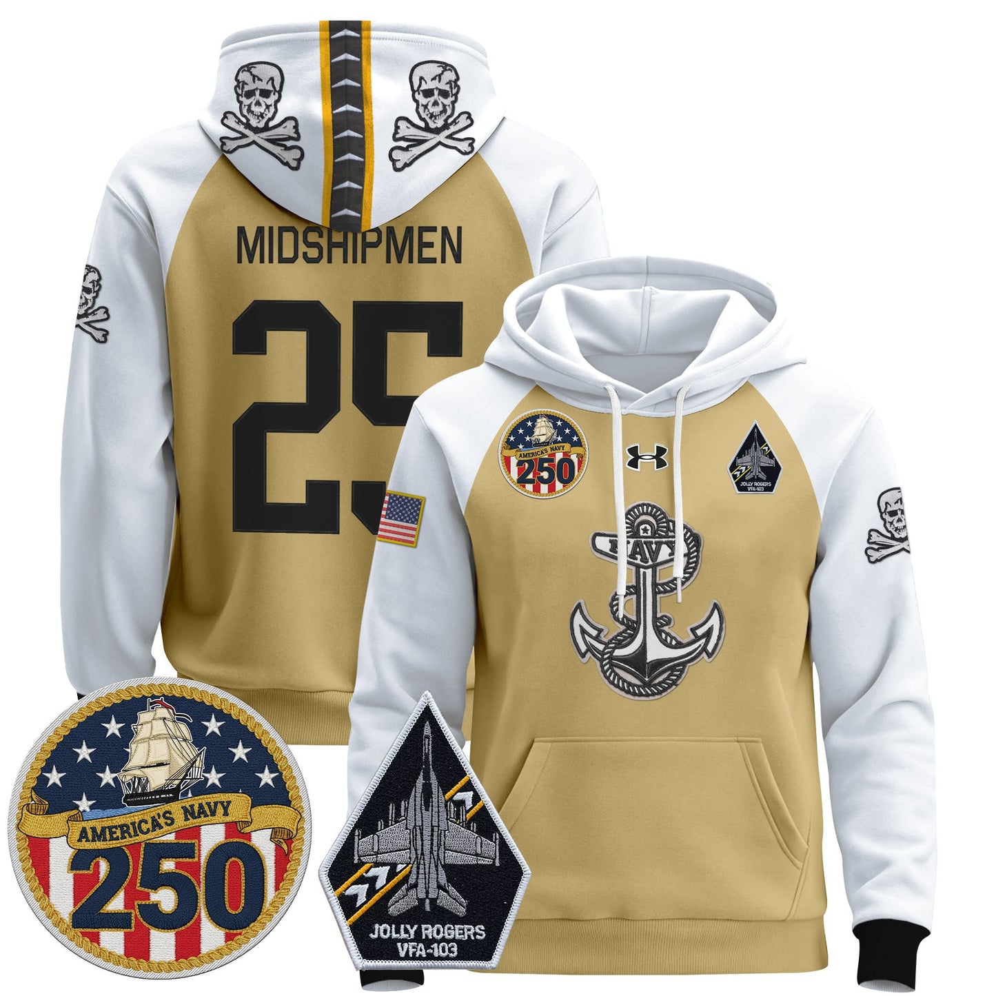 Men's Navy Midshipmen 'Jolly Rogers Edition' Pullover Hoodie - 250th Anniversary Patch - Stitched