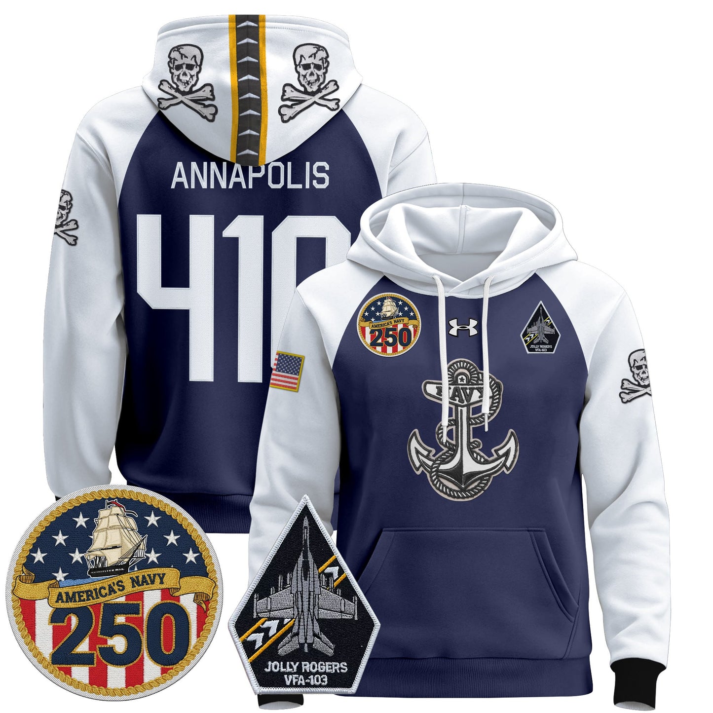 Men's Navy Midshipmen 'Jolly Rogers Edition' Pullover Hoodie - 250th Anniversary Patch - Stitched