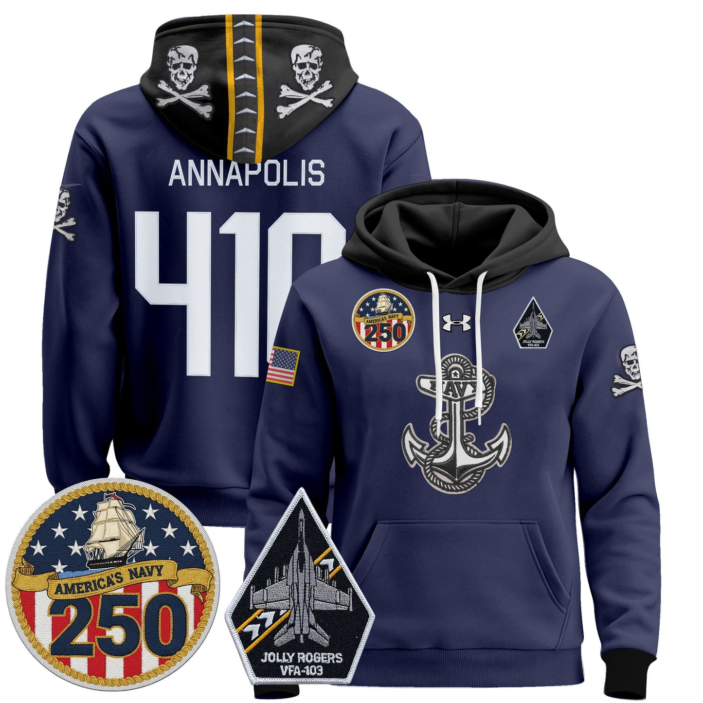 Men's Navy Midshipmen 'Jolly Rogers Edition' Pullover Hoodie - 250th Anniversary Patch - Stitched