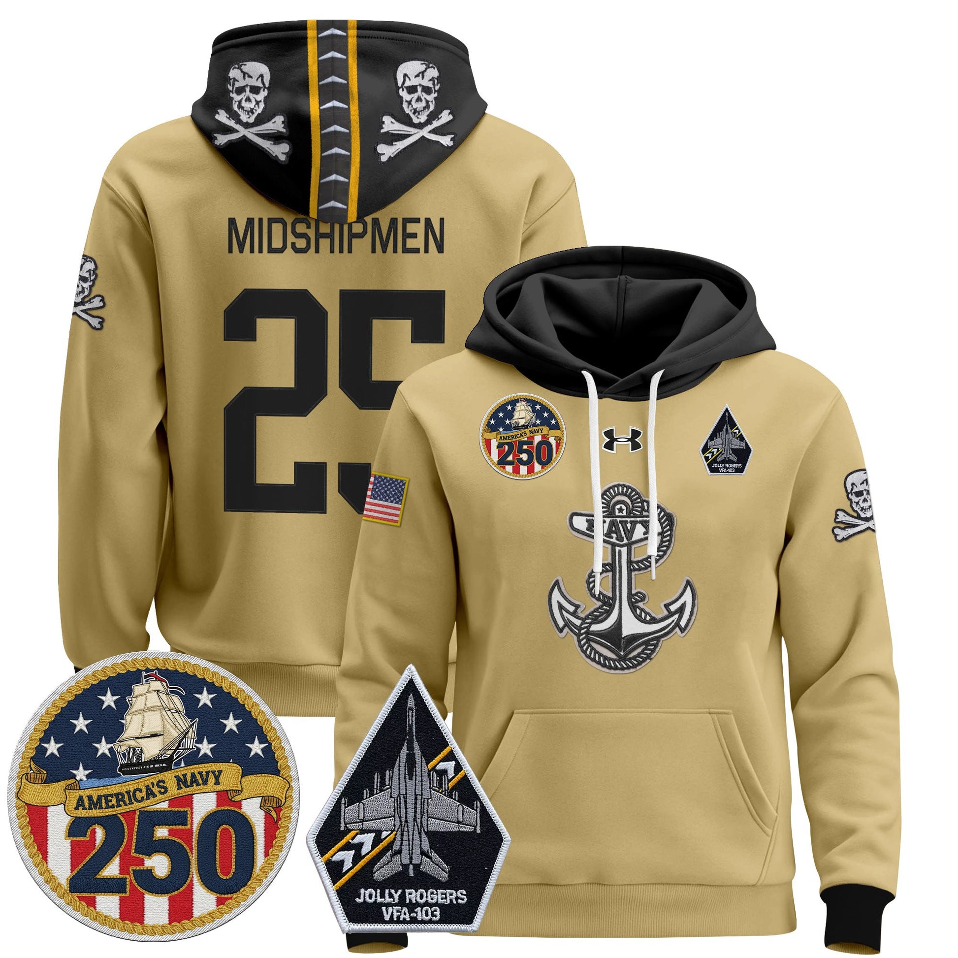 Men's Navy Midshipmen 'Jolly Rogers Edition' Pullover Hoodie - 250th Anniversary Patch - Stitched