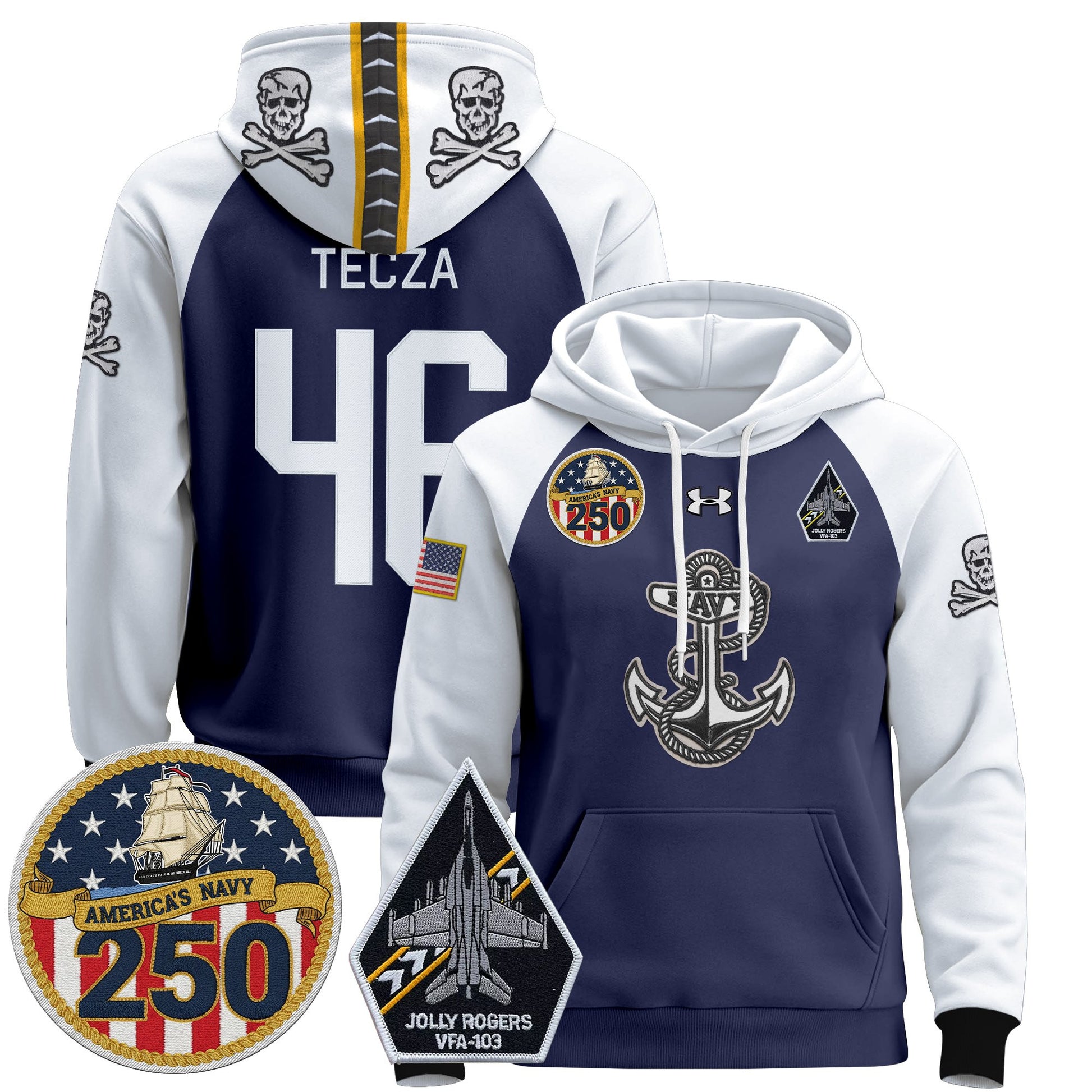 Men's Navy Midshipmen 'Jolly Rogers Edition' Pullover Hoodie - 250th Anniversary Patch - Stitched