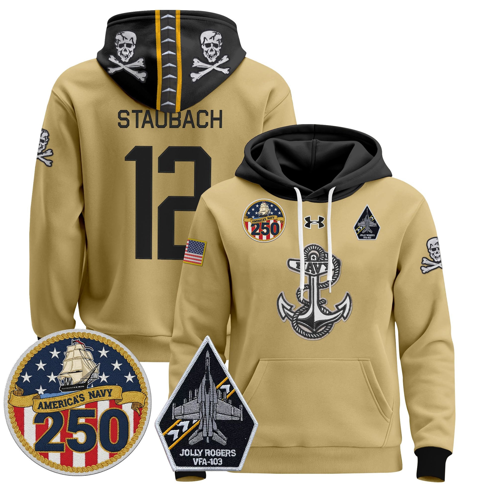 Men's Navy Midshipmen 'Jolly Rogers Edition' Pullover Hoodie - 250th Anniversary Patch - Stitched