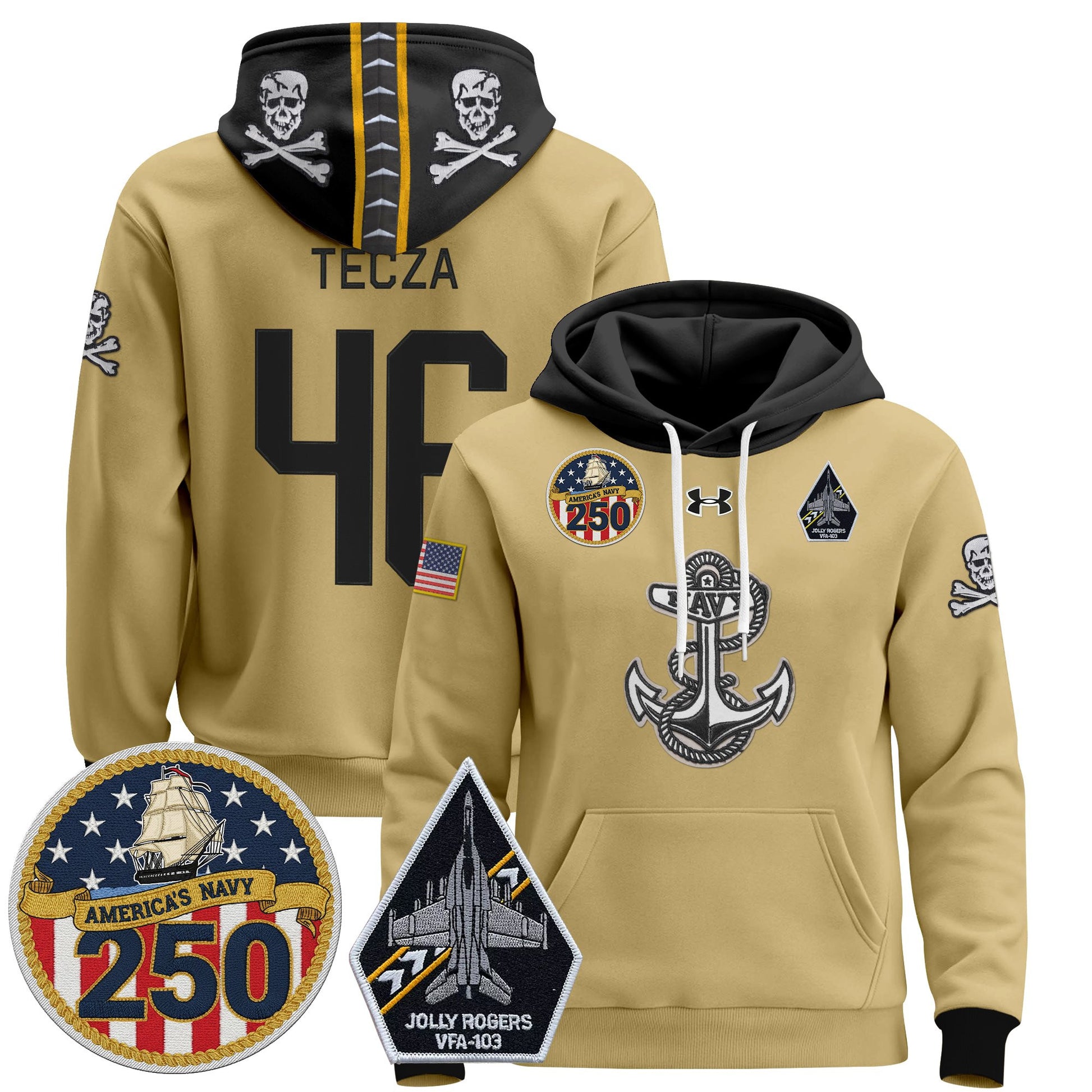 Men's Navy Midshipmen 'Jolly Rogers Edition' Pullover Hoodie - 250th Anniversary Patch - Stitched