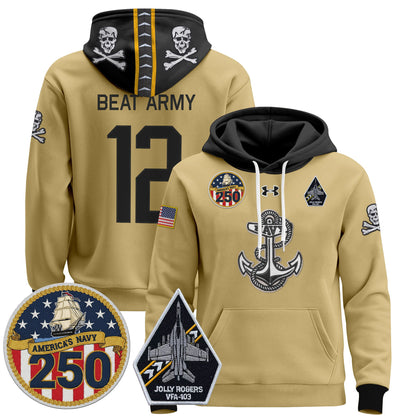 Men's Navy Midshipmen 'Jolly Rogers Edition' Pullover Hoodie - 250th Anniversary Patch - Stitched