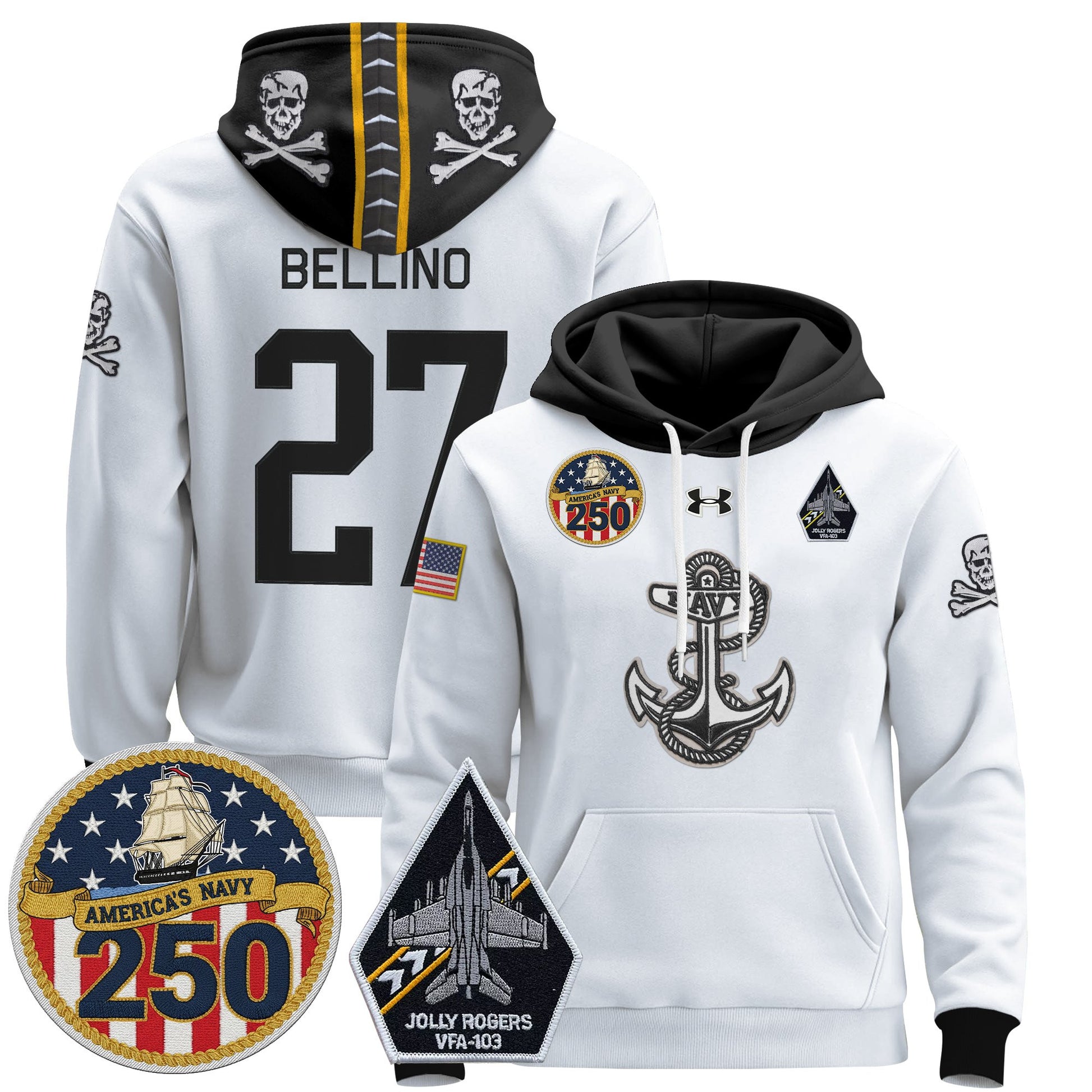 Men's Navy Midshipmen 'Jolly Rogers Edition' Pullover Hoodie - 250th Anniversary Patch - Stitched