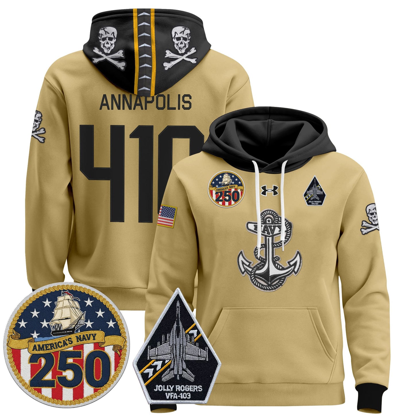 Men's Navy Midshipmen 'Jolly Rogers Edition' Pullover Hoodie - 250th Anniversary Patch - Stitched