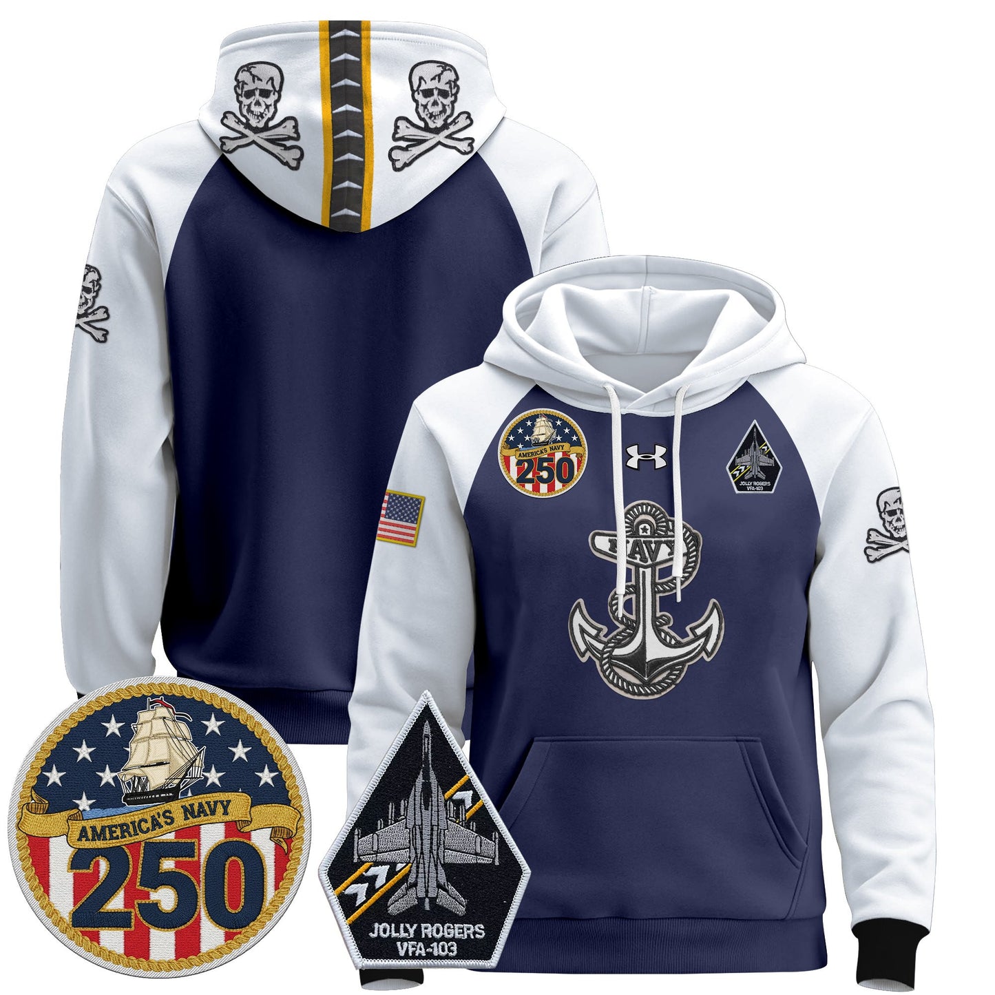 Men's Navy Midshipmen 'Jolly Rogers Edition' Pullover Hoodie - 250th Anniversary Patch - Stitched