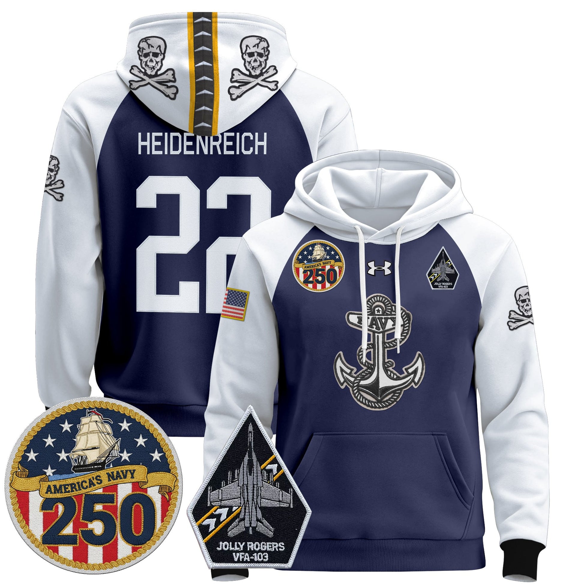 Men's Navy Midshipmen 'Jolly Rogers Edition' Pullover Hoodie - 250th Anniversary Patch - Stitched