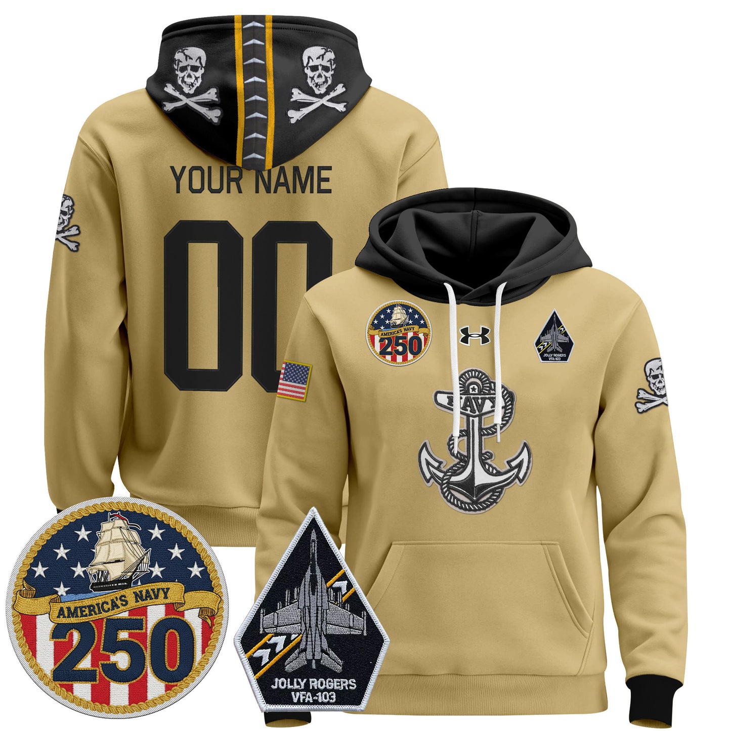 Navy Midshipmen 'Jolly Rogers Edition' Custom Pullover Hoodie - 250th Anniversary Patch - Stitched