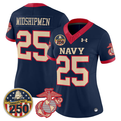 Women's Navy Midshipmen Vapor USMC Premier Jersey - 250th Anniversary Patch - All Stitched