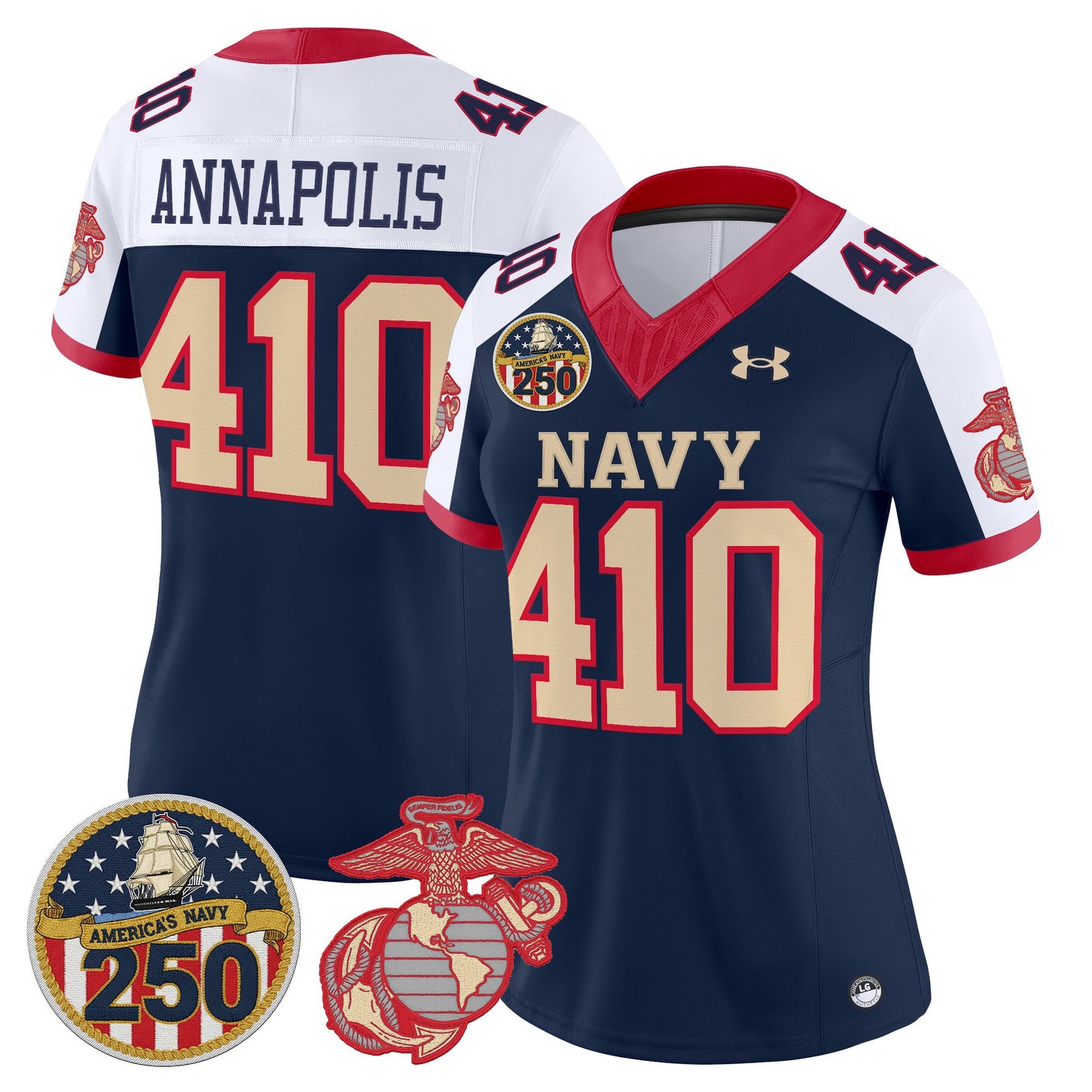Women's Navy Midshipmen Vapor USMC Premier Jersey - 250th Anniversary Patch - All Stitched