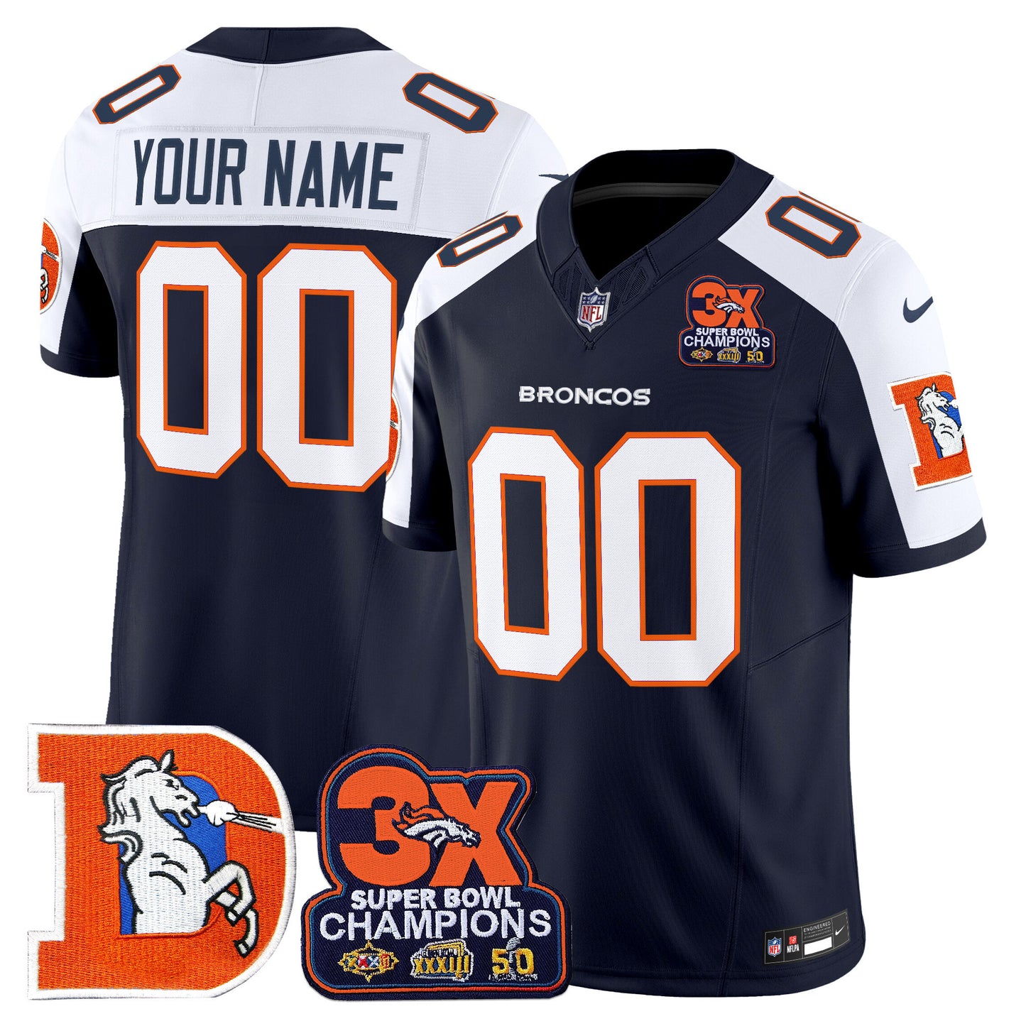 Denver Broncos Throwback Vapor Limited Custom Jersey - 3-Time Champions Patch - All Stitched