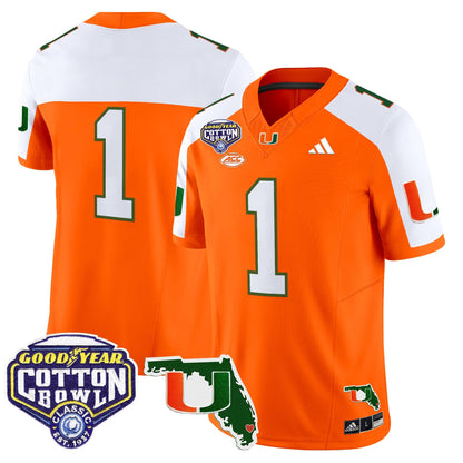 Men's Miami Hurricanes 2025 Cotton Bowl & Florida Patch Vapor Limited Jersey - All Stitched
