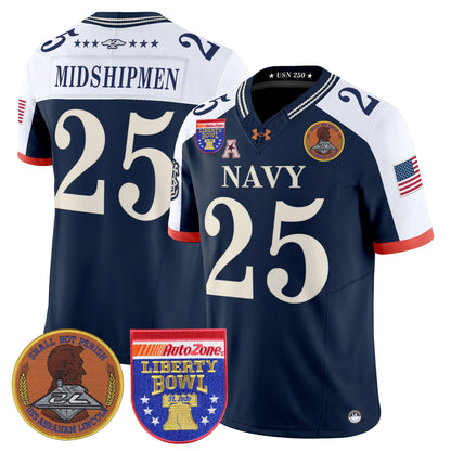 Men's Navy Midshipmen 250th Anniversary Vapor Limited Jersey - 2026 Liberty Bowl Patch - Stitched