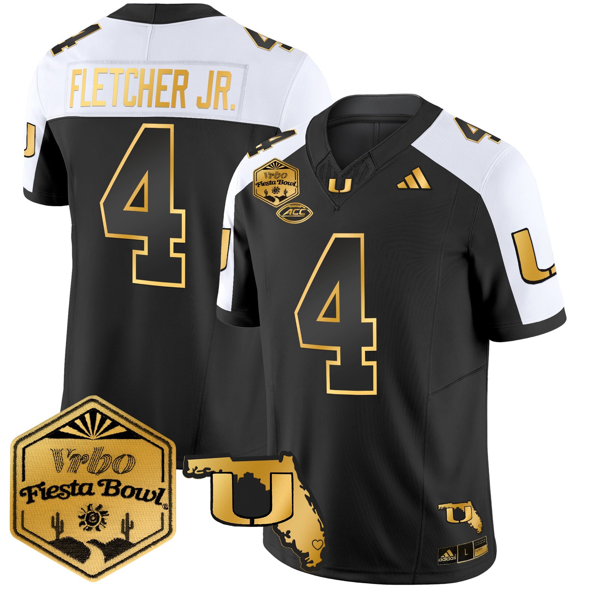Men's Miami Hurricanes 2026 The Fiesta Bowl & Florida Patch Gold Vapor Limited Jersey - All Stitched