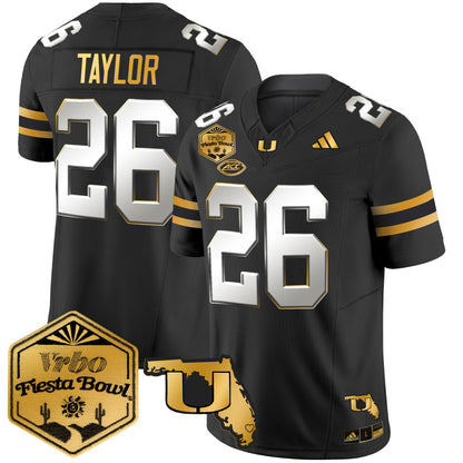 Men's Miami Hurricanes 2026 The Fiesta Bowl & Florida Patch Gold Vapor Limited Jersey - All Stitched