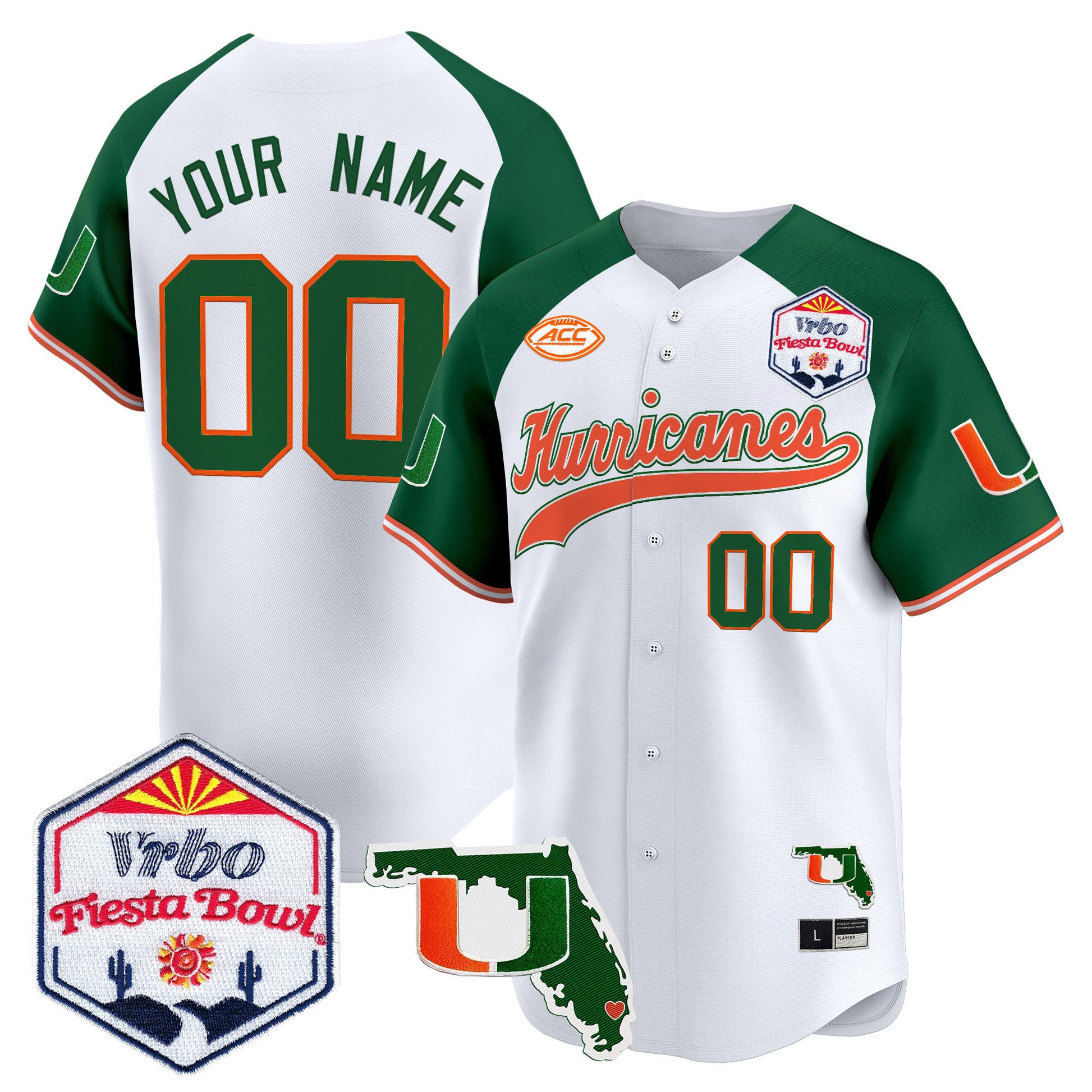 Miami Hurricanes 2026 The Fiesta Bowl & Florida Patch Vapor Baseball Custom Jersey - All Stitched