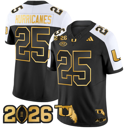 Men's Miami Hurricanes 2026 CFP Final & Florida Patch Gold Vapor Limited Jersey - All Stitched