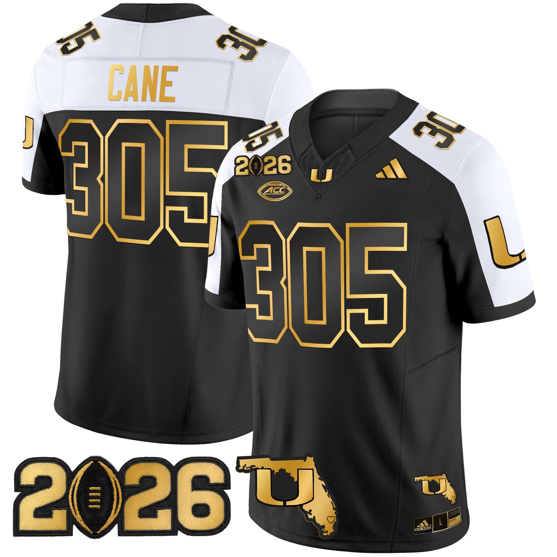 Men's Miami Hurricanes 2026 CFP Final & Florida Patch Gold Vapor Limited Jersey - All Stitched