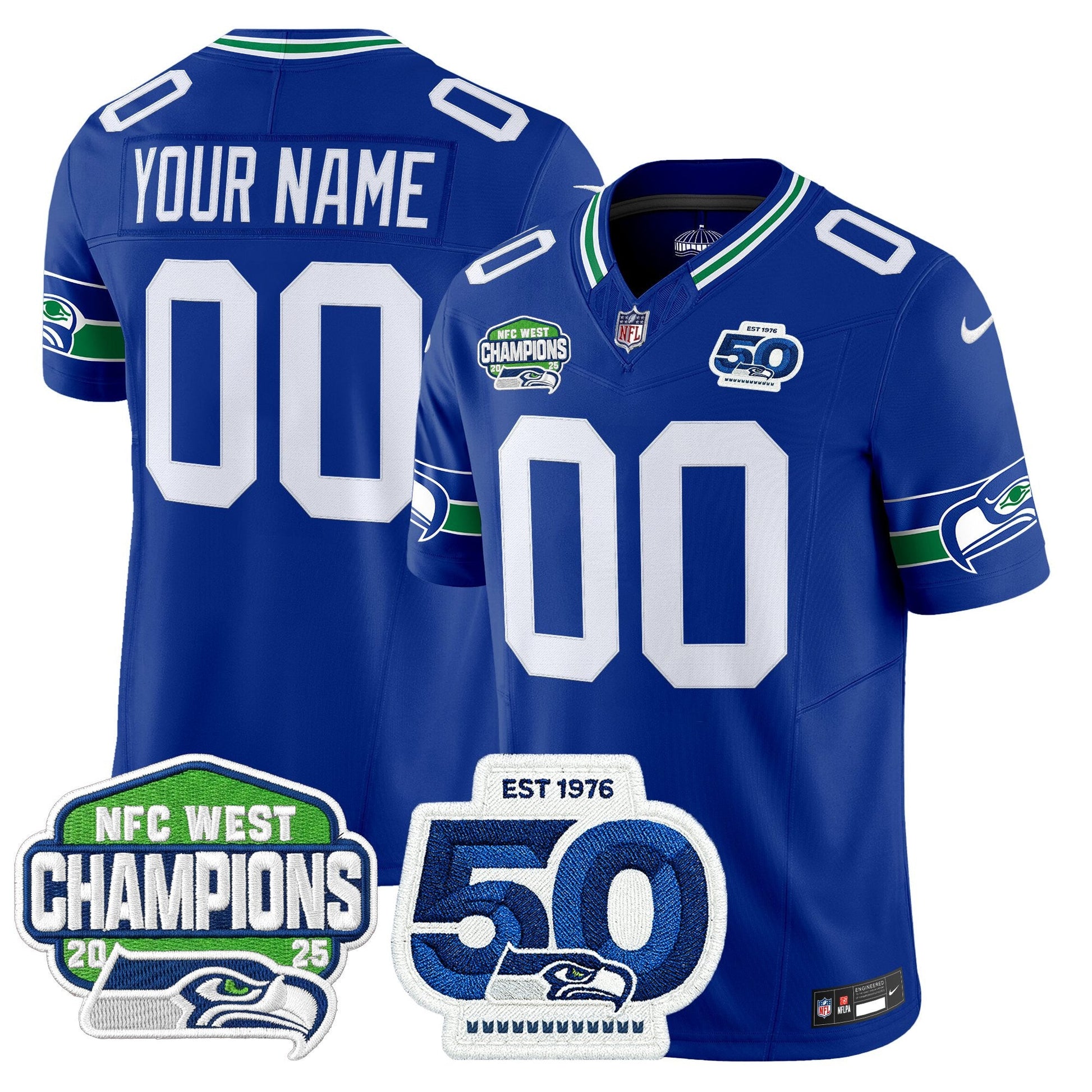 Seattle Seahawks 2025 NFC West Division Champions & 50th Anniversary Patch Vapor Limited Custom Jersey - All Stitched