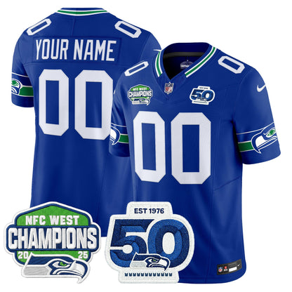 Seattle Seahawks 2025 NFC West Division Champions & 50th Anniversary Patch Vapor Limited Custom Jersey - All Stitched