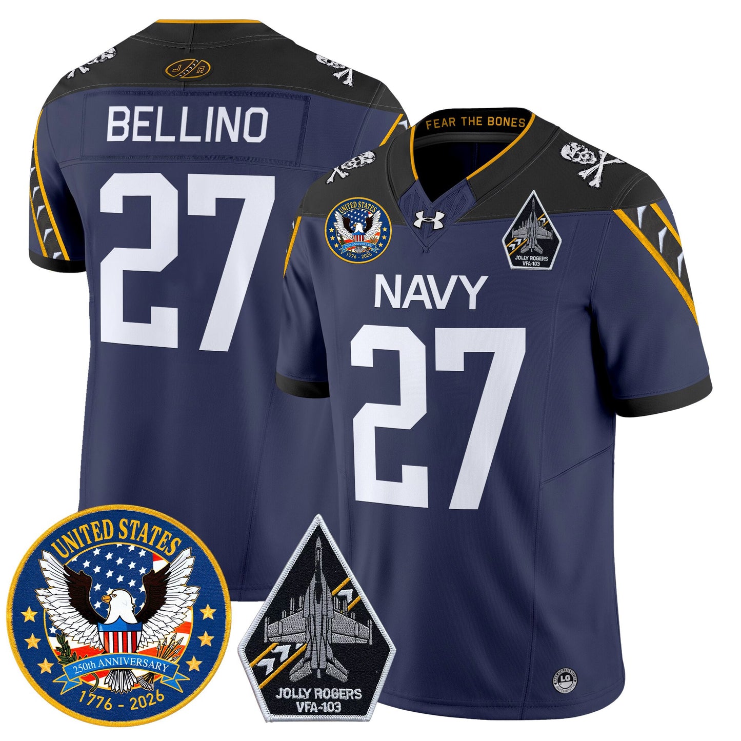 Men's Navy Midshipmen "United States 250th Anniversary Patch" Vapor Limited Jersey - Jolly Rogers Edition - All Stitched