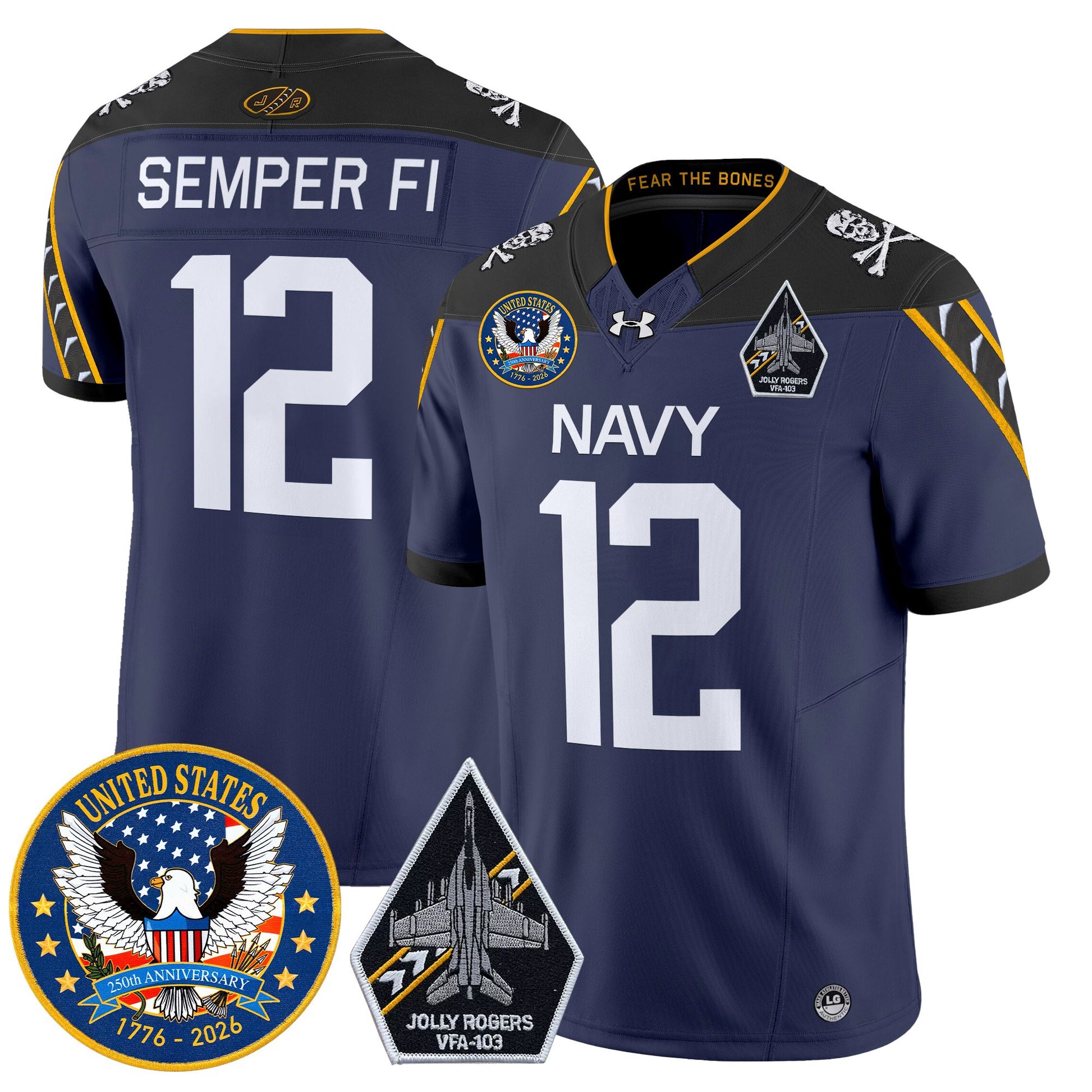 Men's Navy Midshipmen "United States 250th Anniversary Patch" Vapor Limited Jersey - Jolly Rogers Edition - All Stitched