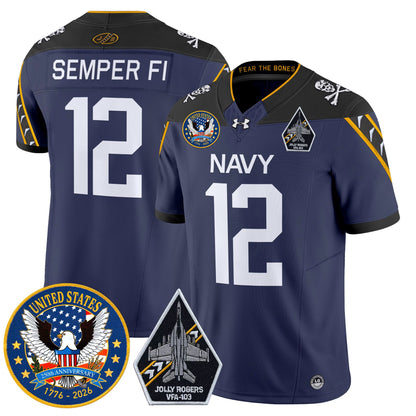 Men's Navy Midshipmen "United States 250th Anniversary Patch" Vapor Limited Jersey - Jolly Rogers Edition - All Stitched