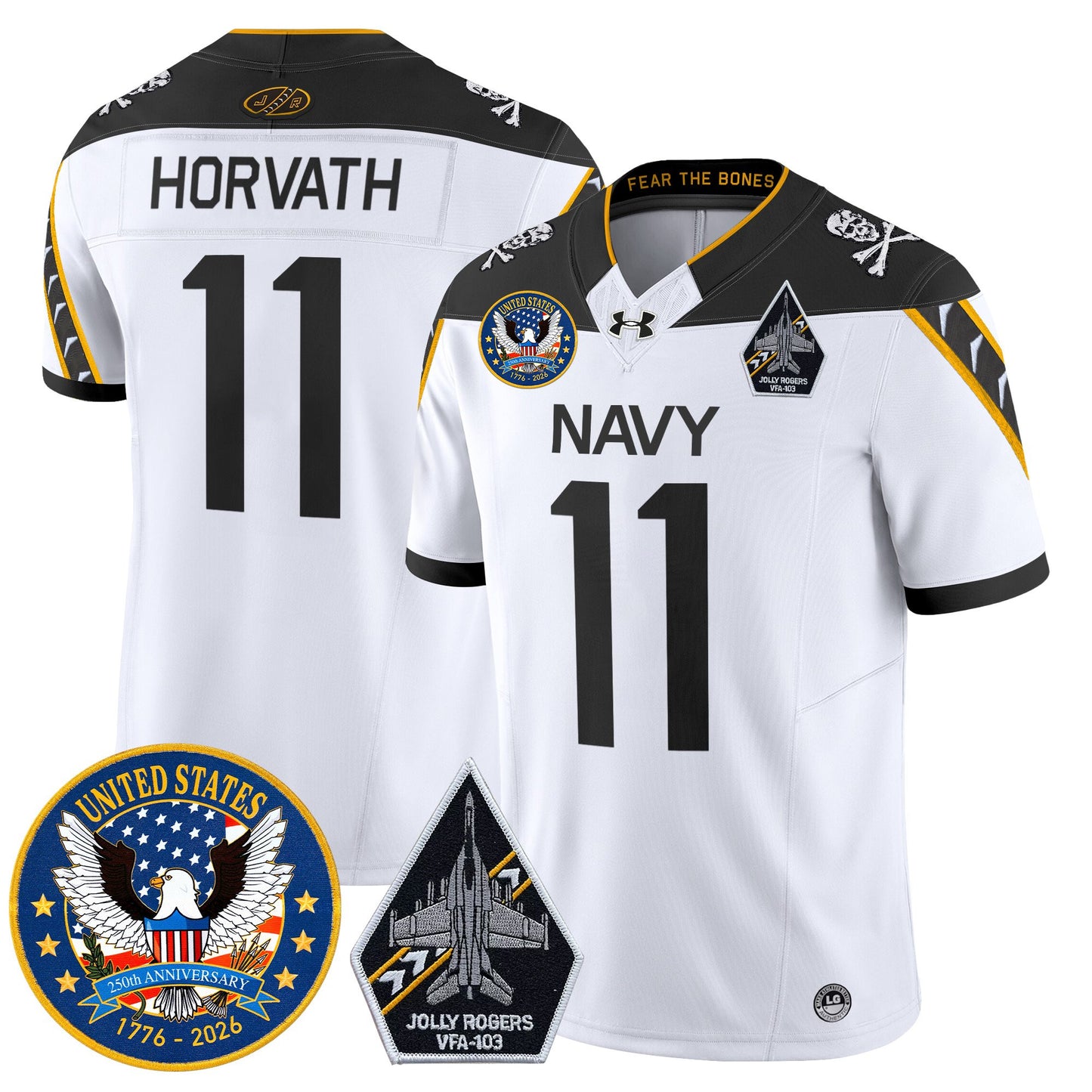 Men's Navy Midshipmen "United States 250th Anniversary Patch" Vapor Limited Jersey - Jolly Rogers Edition - All Stitched