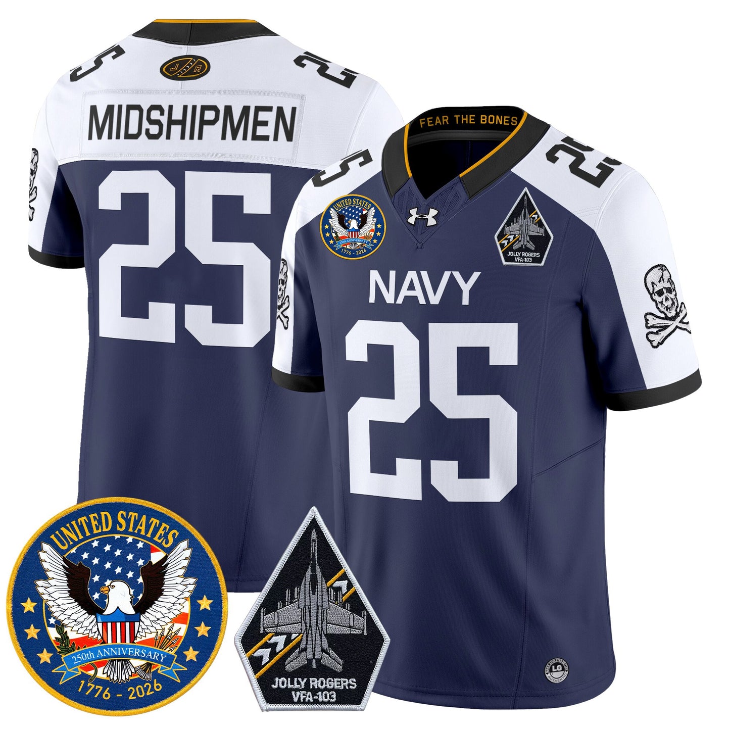 Men's Navy Midshipmen "United States 250th Anniversary Patch" Vapor Limited Jersey - Jolly Rogers Edition - All Stitched
