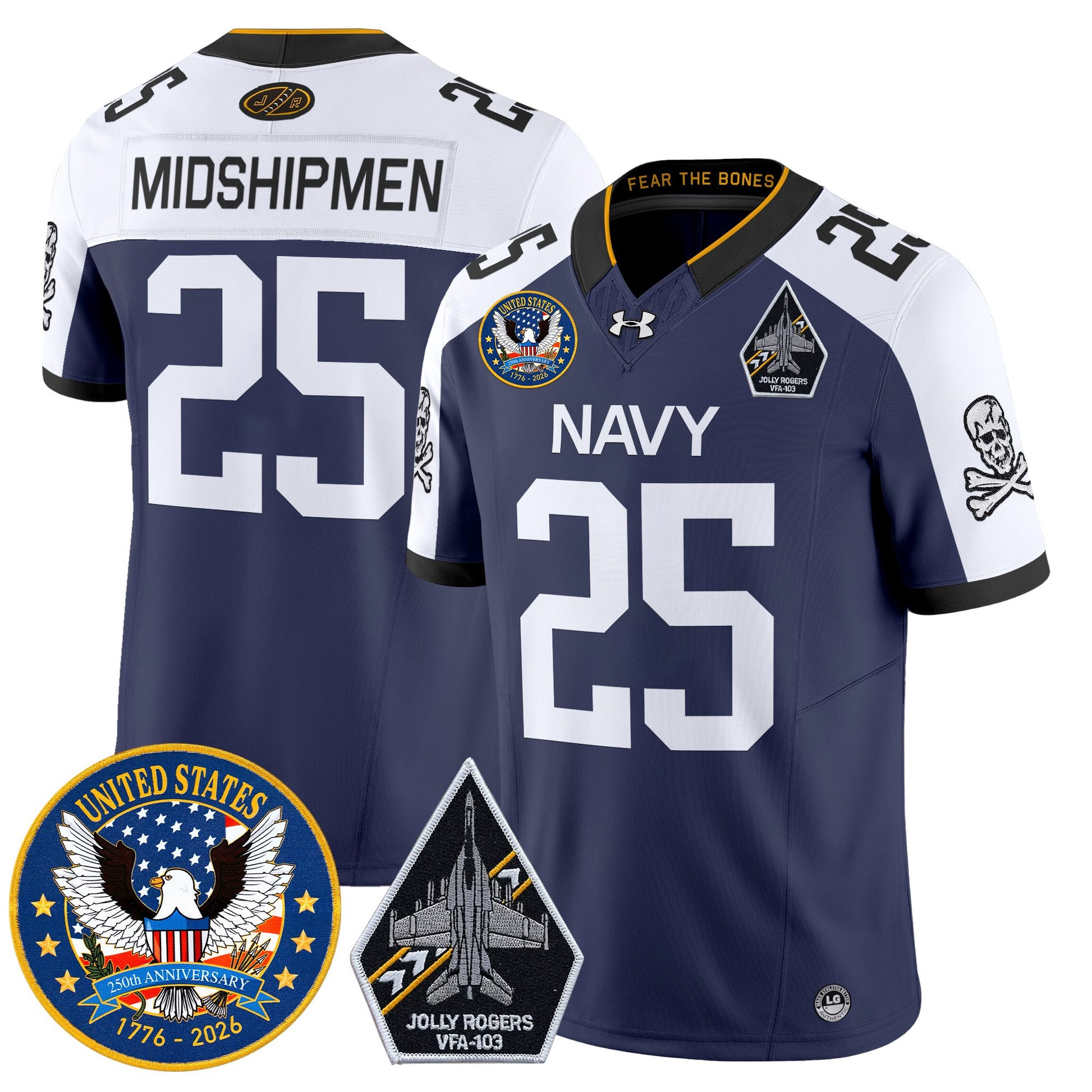 Men's Navy Midshipmen "United States 250th Anniversary Patch" Vapor Limited Jersey - Jolly Rogers Edition - All Stitched