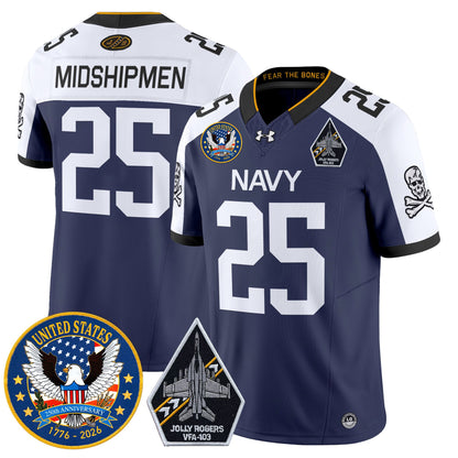 Men's Navy Midshipmen "United States 250th Anniversary Patch" Vapor Limited Jersey - Jolly Rogers Edition - All Stitched