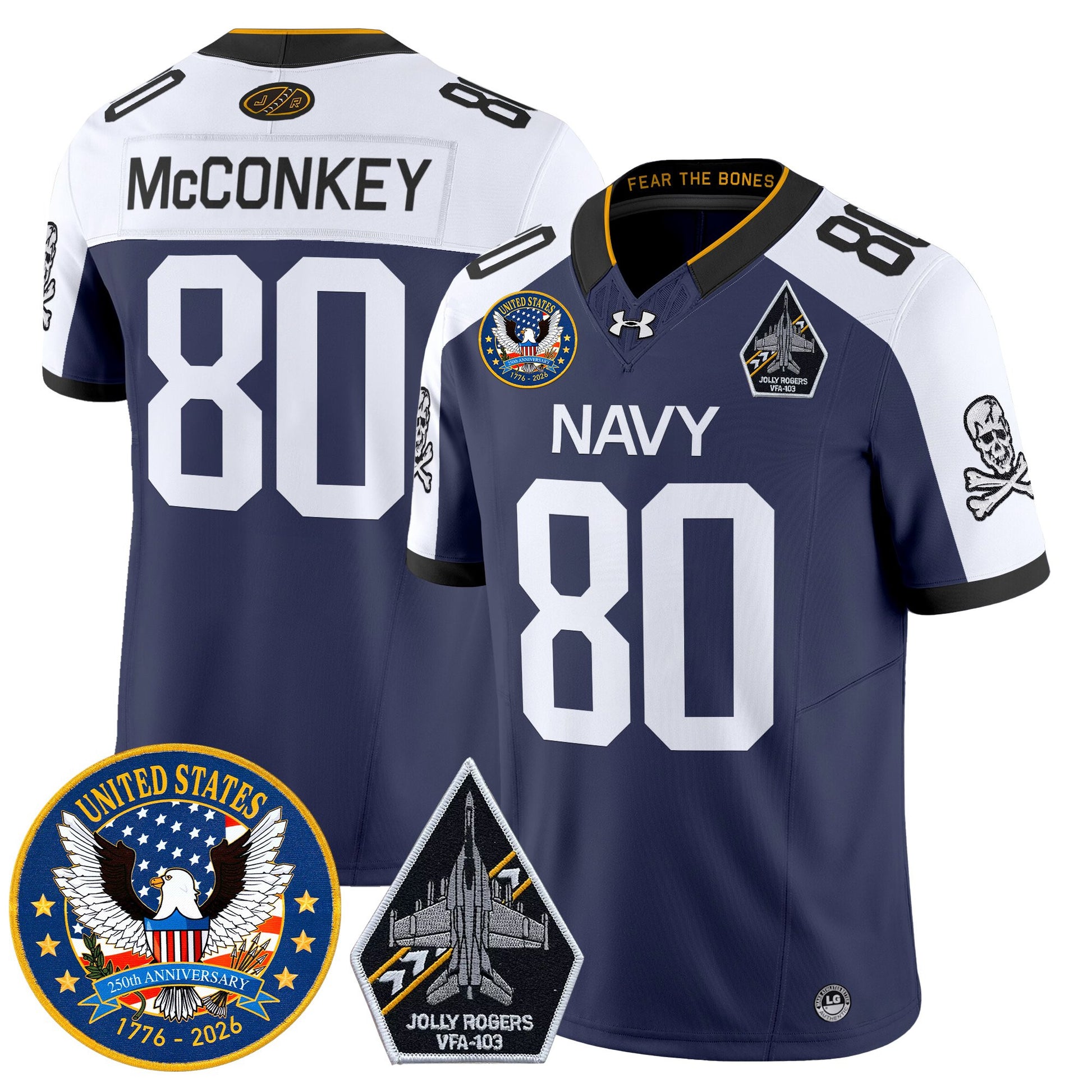 Men's Navy Midshipmen "United States 250th Anniversary Patch" Vapor Limited Jersey - Jolly Rogers Edition - All Stitched