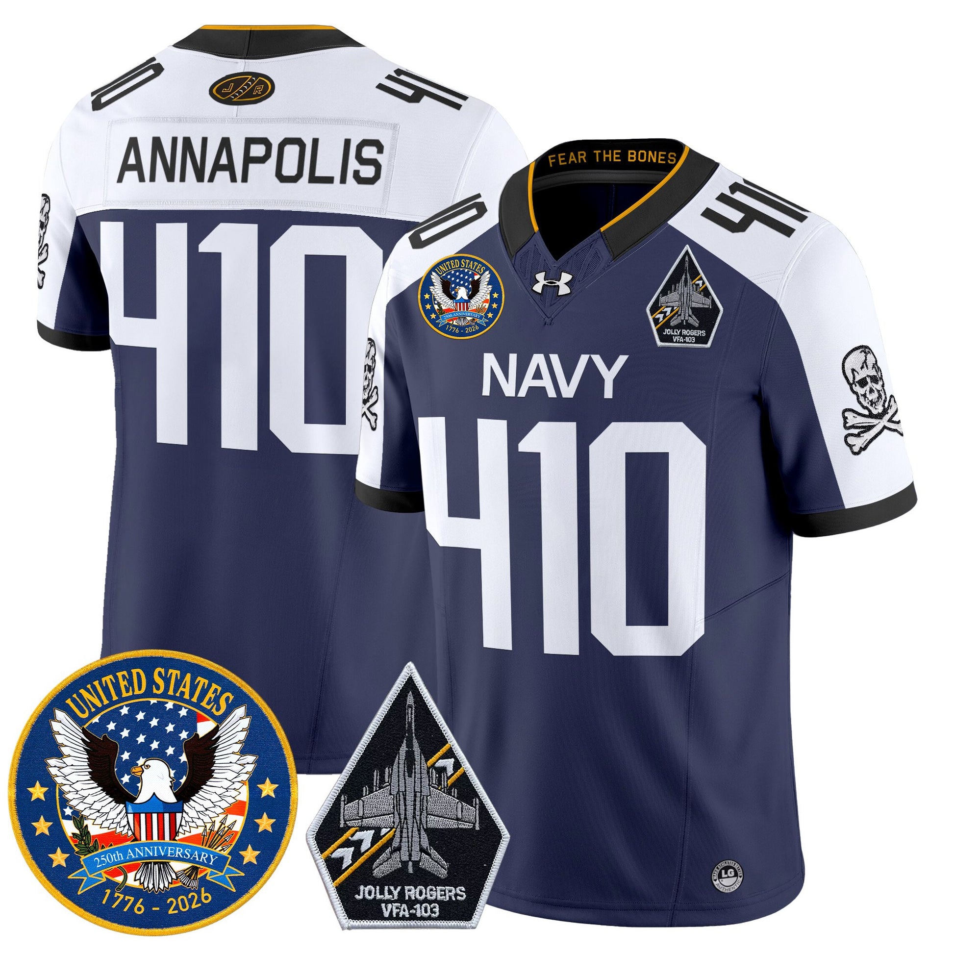 Men's Navy Midshipmen "United States 250th Anniversary Patch" Vapor Limited Jersey - Jolly Rogers Edition - All Stitched