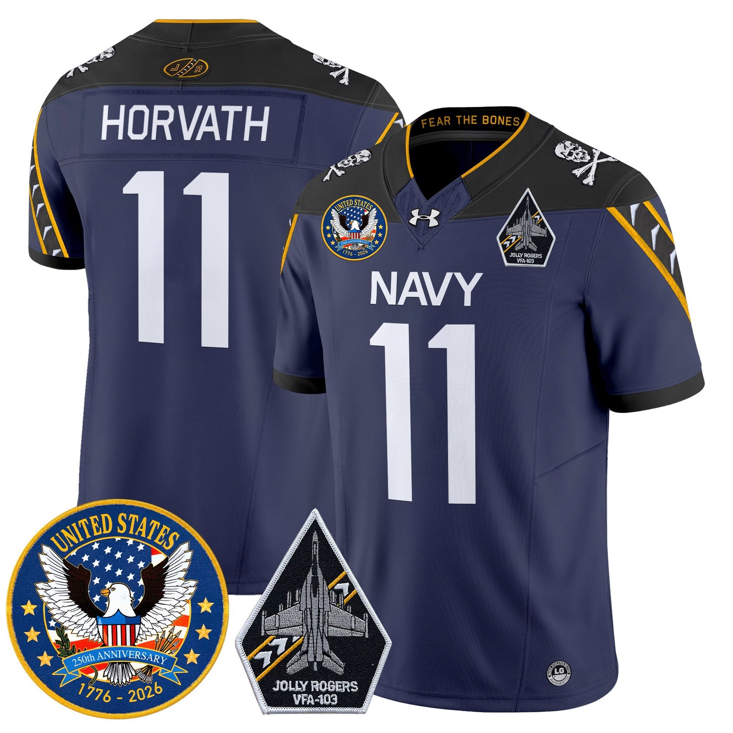 Men's Navy Midshipmen "United States 250th Anniversary Patch" Vapor Limited Jersey - Jolly Rogers Edition - All Stitched