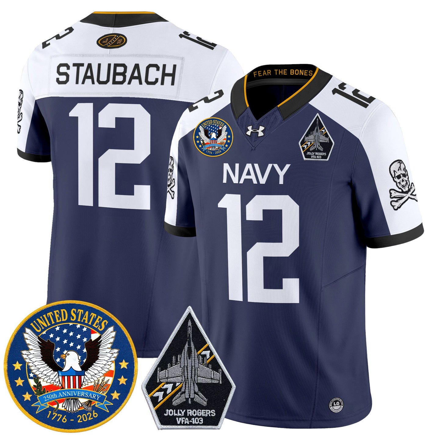 Men's Navy Midshipmen "United States 250th Anniversary Patch" Vapor Limited Jersey - Jolly Rogers Edition - All Stitched