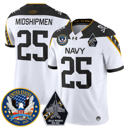 Men's Navy Midshipmen "United States 250th Anniversary Patch" Vapor Limited Jersey - Jolly Rogers Edition - All Stitched