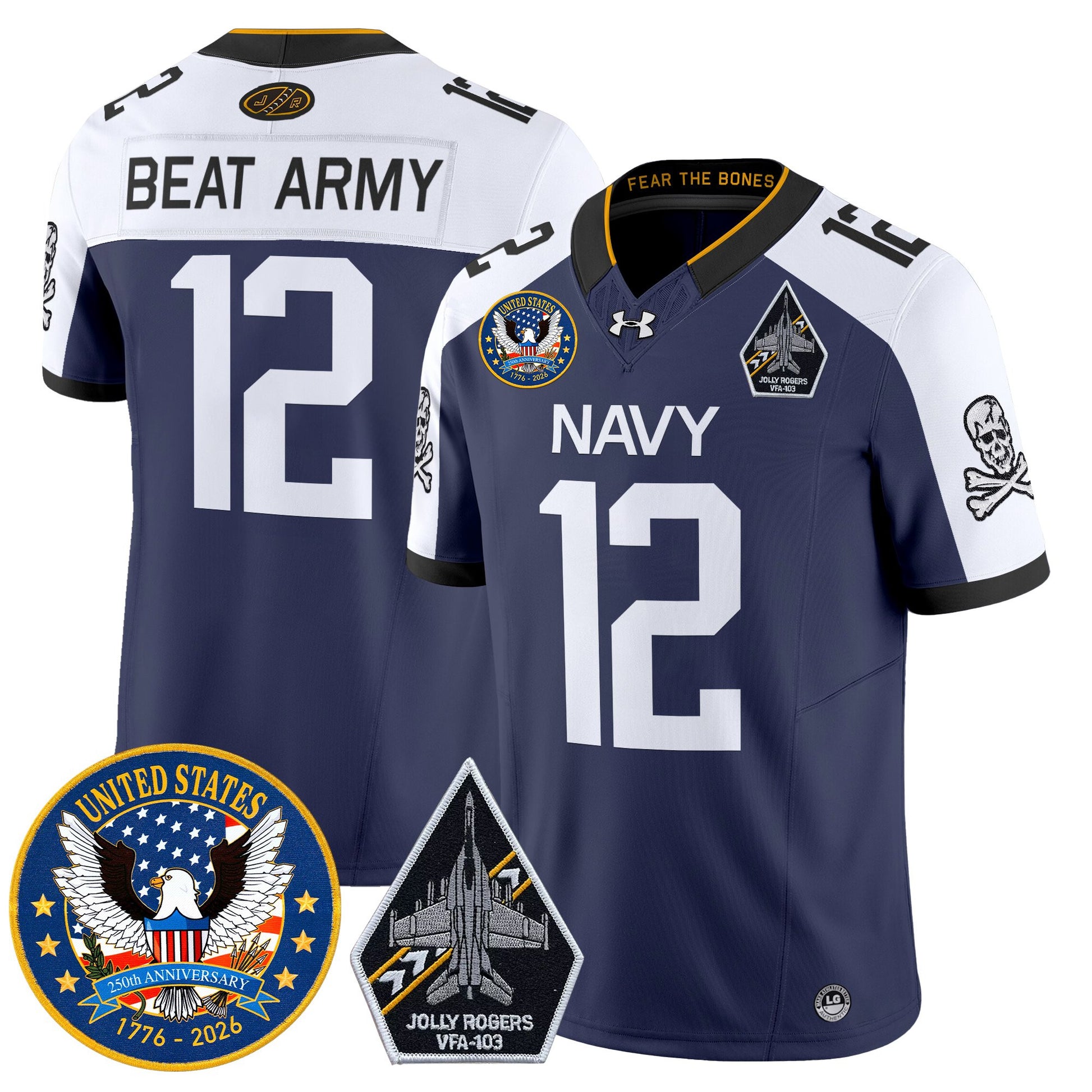 Men's Navy Midshipmen "United States 250th Anniversary Patch" Vapor Limited Jersey - Jolly Rogers Edition - All Stitched