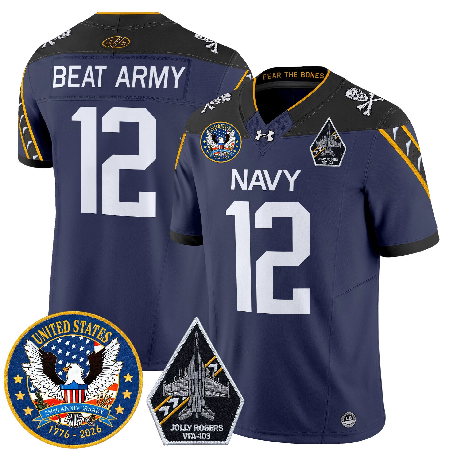 Men's Navy Midshipmen "United States 250th Anniversary Patch" Vapor Limited Jersey - Jolly Rogers Edition - All Stitched