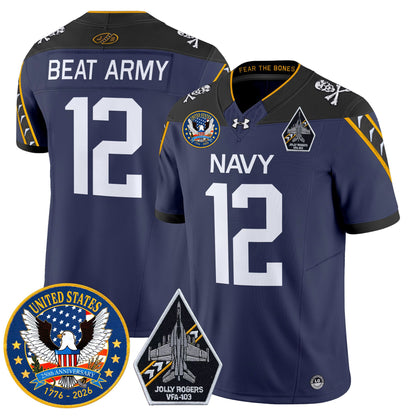 Men's Navy Midshipmen "United States 250th Anniversary Patch" Vapor Limited Jersey - Jolly Rogers Edition - All Stitched