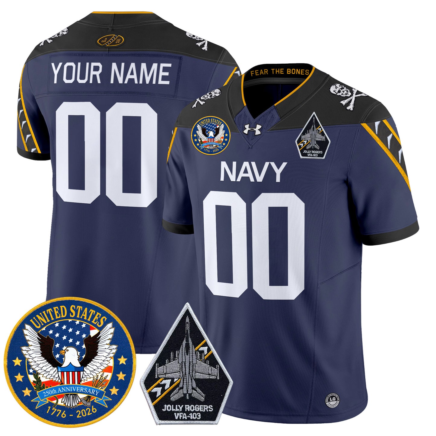 Navy Midshipmen "United States 250th Anniversary Patch" Vapor Limited Custom Jersey - Jolly Rogers Edition - All Stitched
