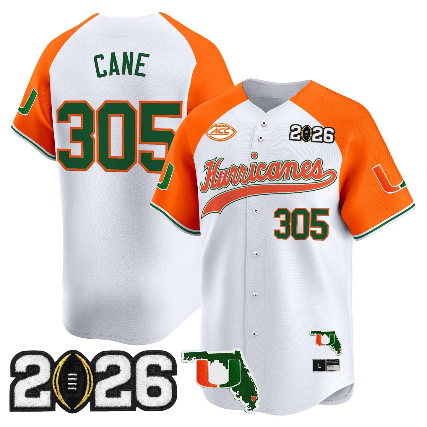 Men's Miami Hurricanes 2026 CFP Final & Florida Patch Vapor Baseball Jersey - All Stitched