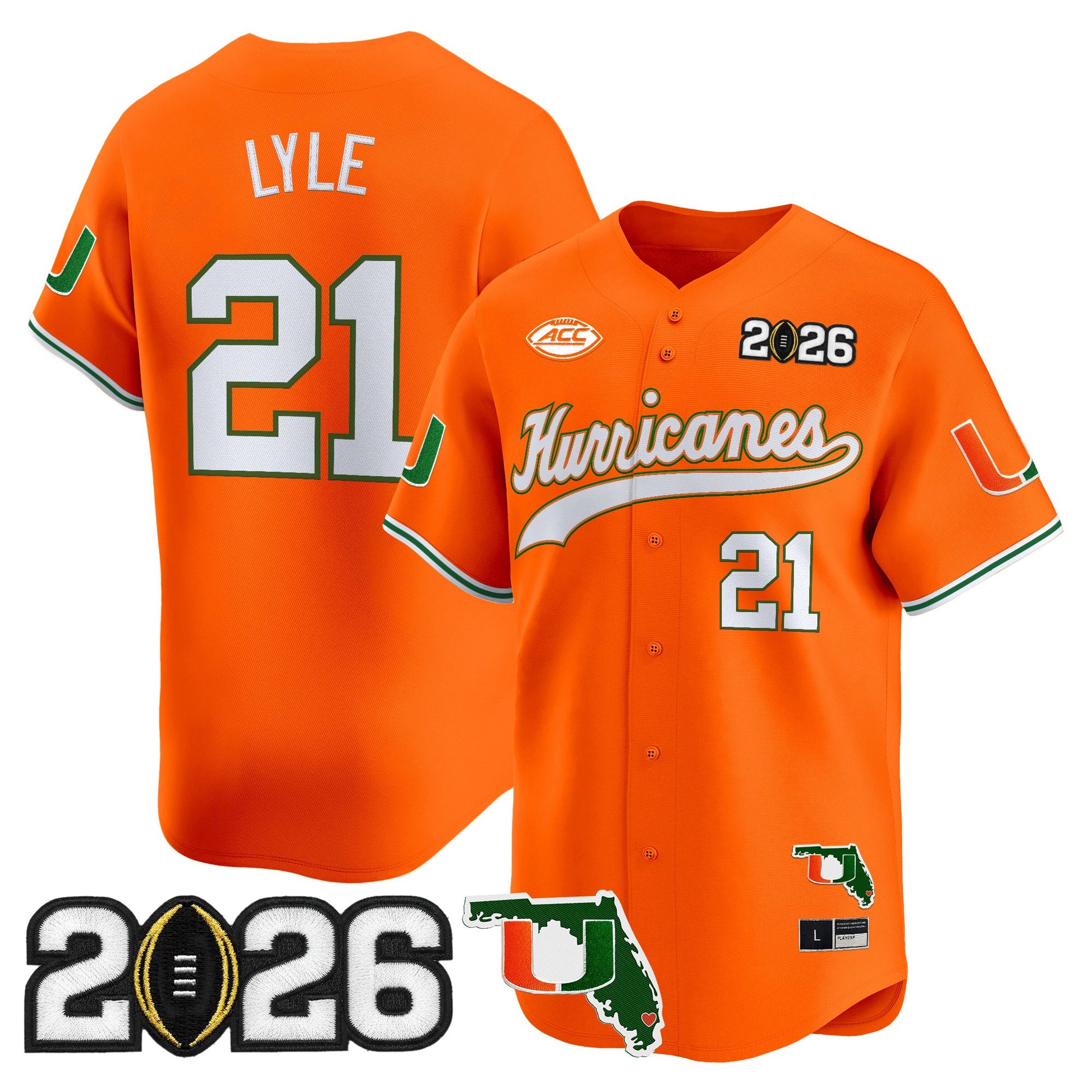 Men's Miami Hurricanes 2026 CFP Final & Florida Patch Vapor Baseball Jersey - All Stitched
