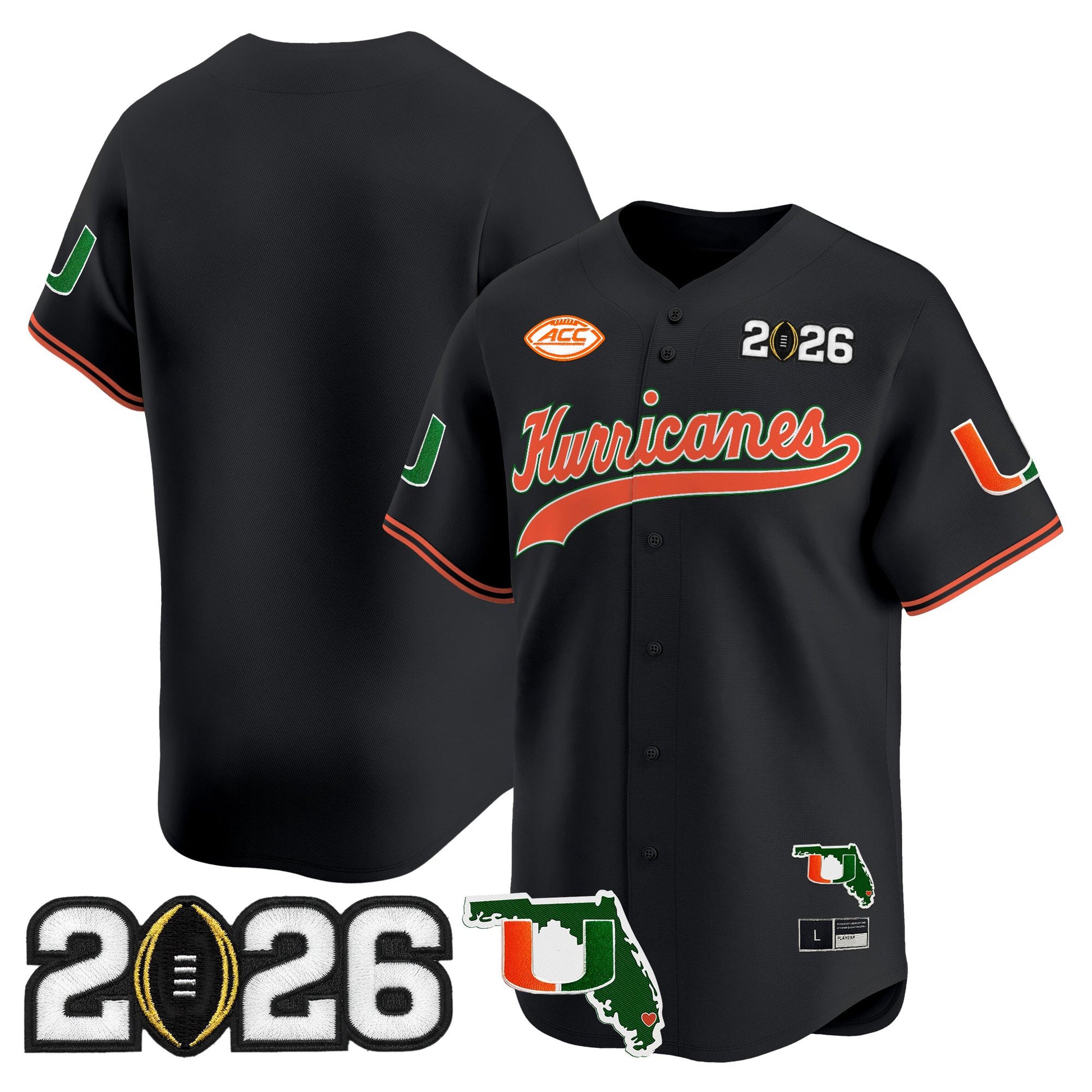 Men's Miami Hurricanes 2026 CFP Final & Florida Patch Vapor Baseball Jersey - All Stitched