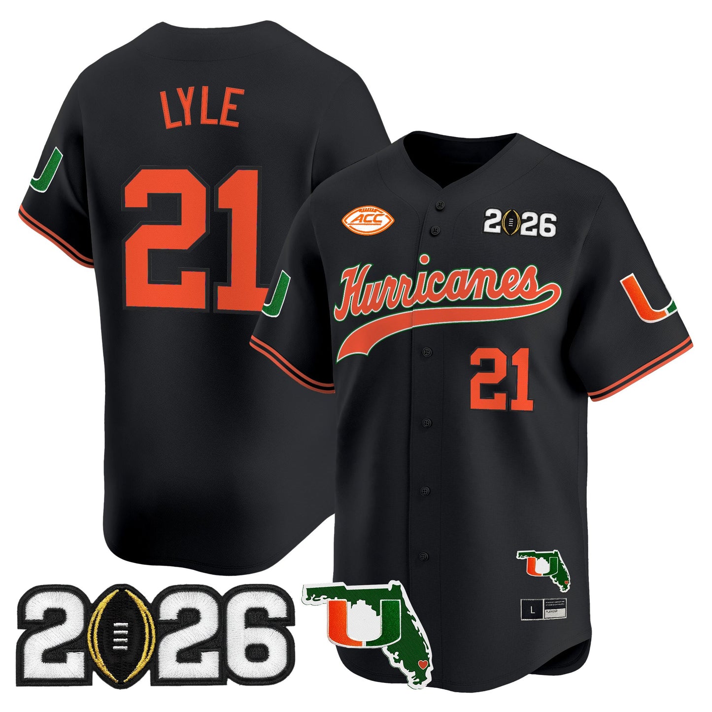 Men's Miami Hurricanes 2026 CFP Final & Florida Patch Vapor Baseball Jersey - All Stitched