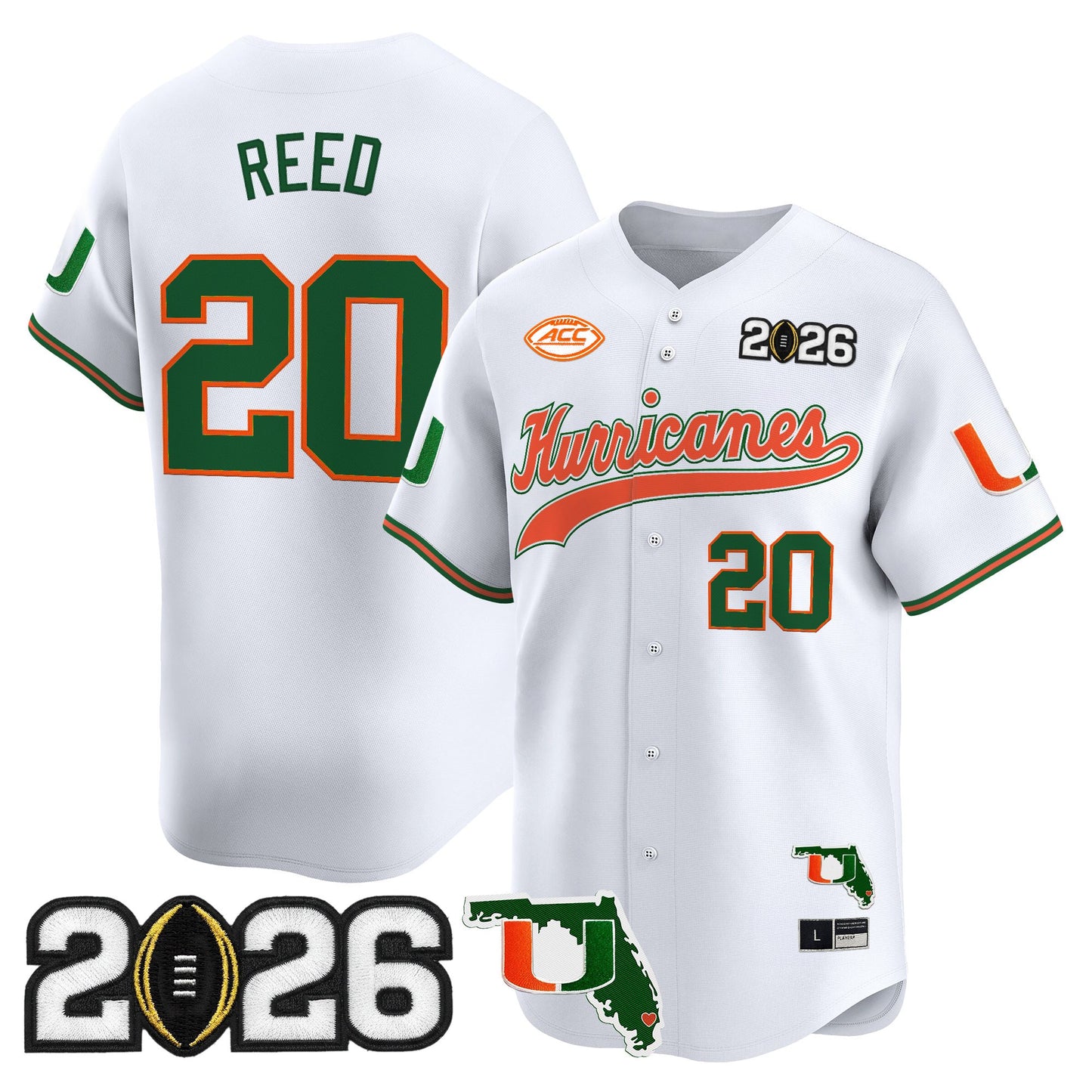 Men's Miami Hurricanes 2026 CFP Final & Florida Patch Vapor Baseball Jersey - All Stitched