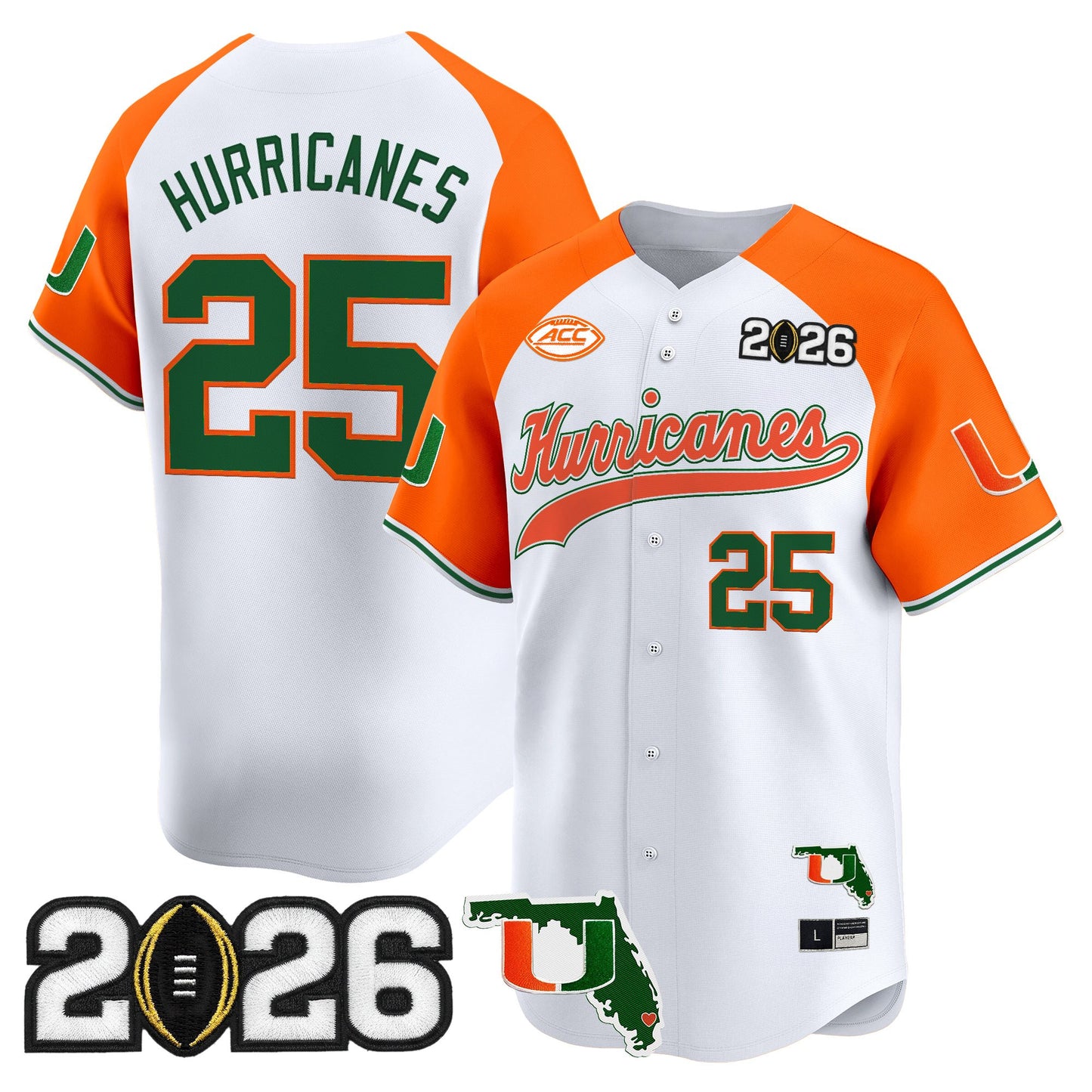 Men's Miami Hurricanes 2026 CFP Final & Florida Patch Vapor Baseball Jersey - All Stitched