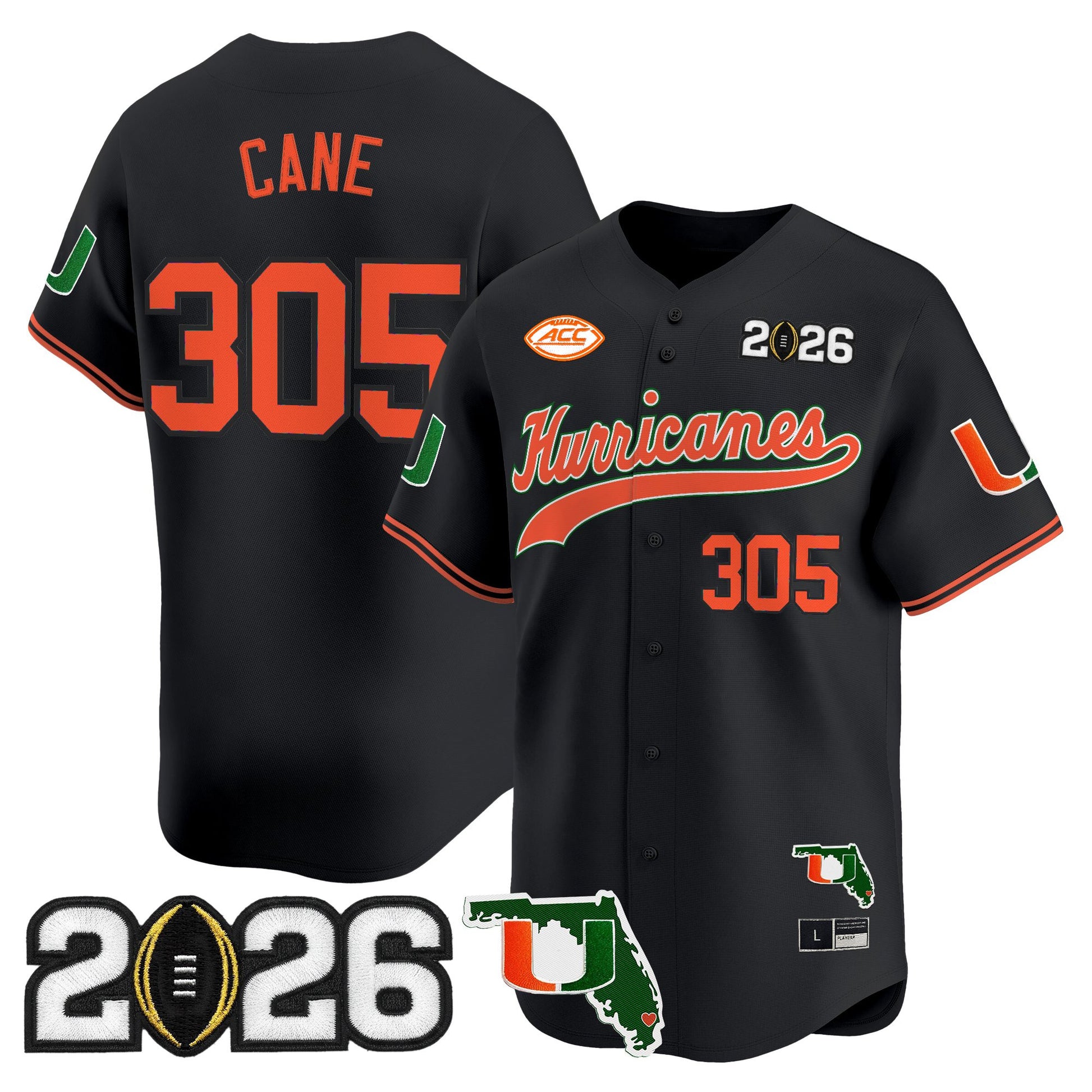 Men's Miami Hurricanes 2026 CFP Final & Florida Patch Vapor Baseball Jersey - All Stitched