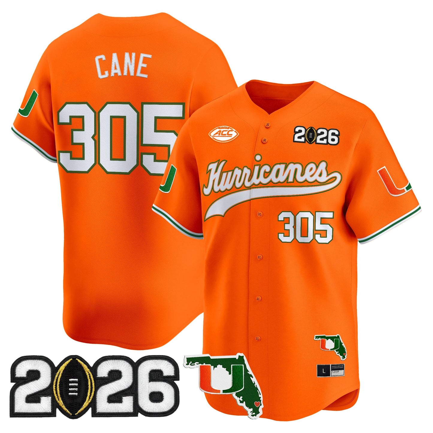 Men's Miami Hurricanes 2026 CFP Final & Florida Patch Vapor Baseball Jersey - All Stitched