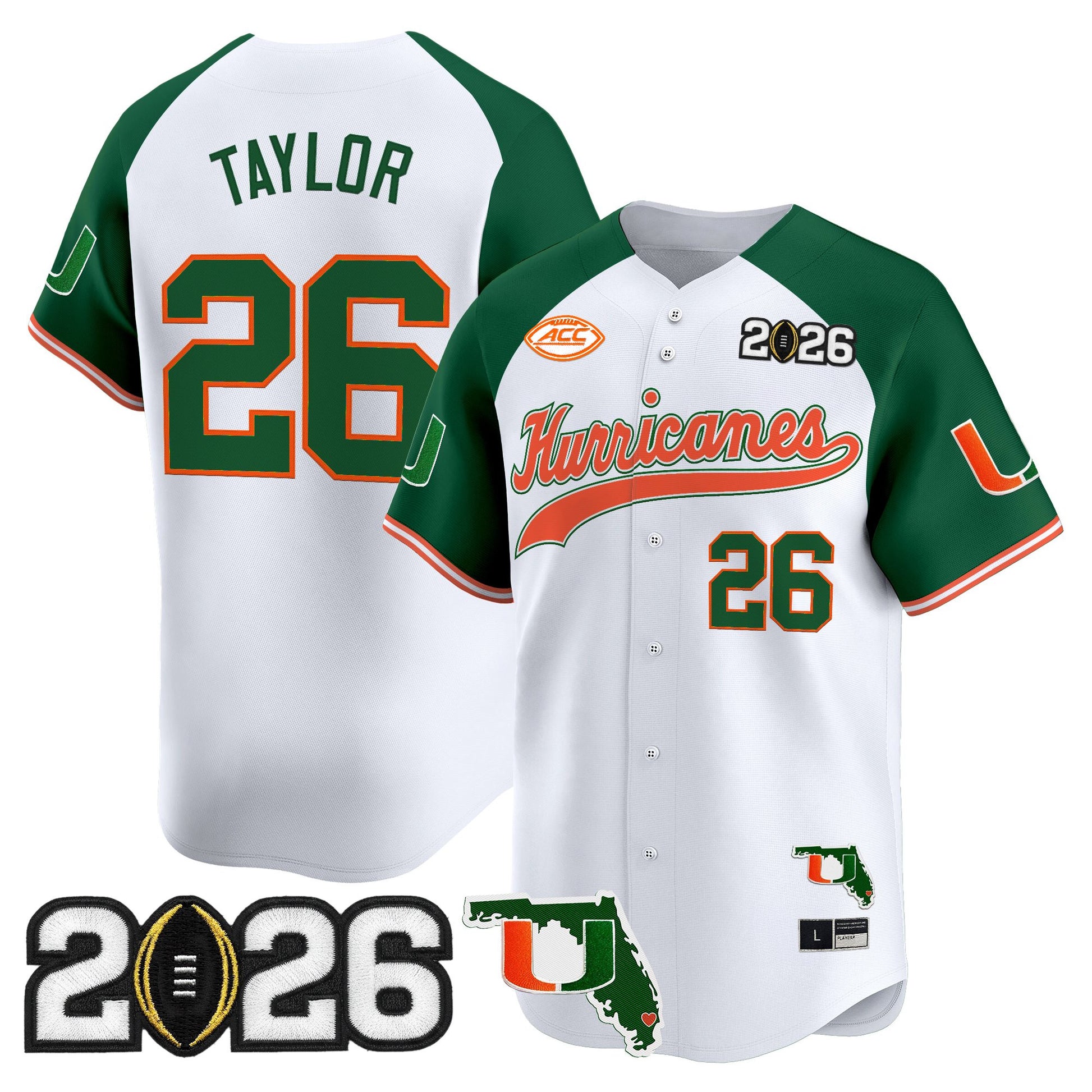 Men's Miami Hurricanes 2026 CFP Final & Florida Patch Vapor Baseball Jersey - All Stitched